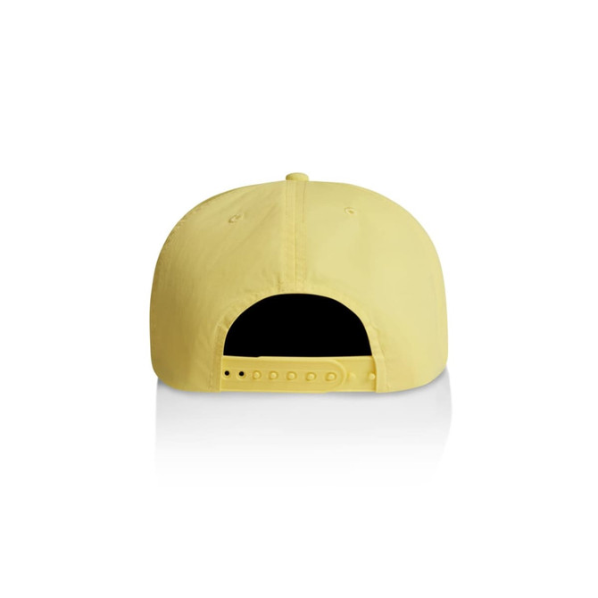 A yellow cap featuring a snapback closure and a logo on the back.