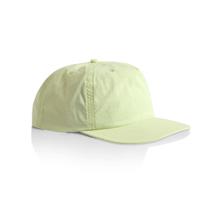 A cap in a light green colour with a curved peak and a logo on the front.