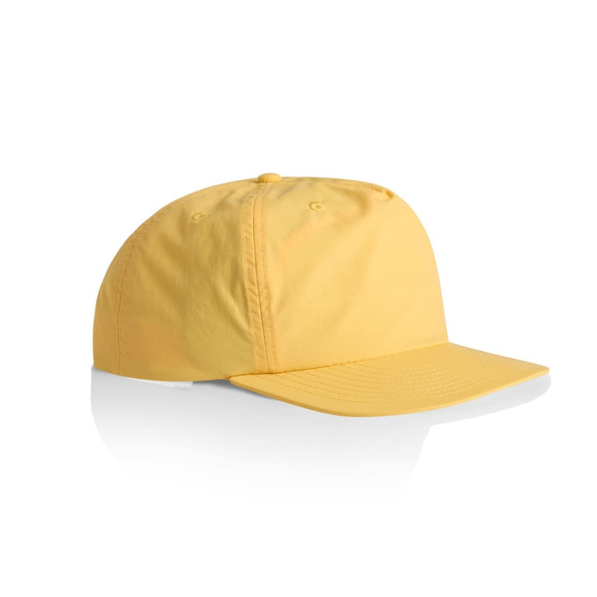 A yellow cap with a curved brim and a logo on the side. The design is simple and sleek.