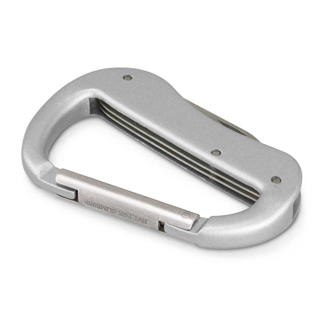 A silver carabiner multi-tool featuring a sleek design and integrated functions, ideal for keyrings and tools.