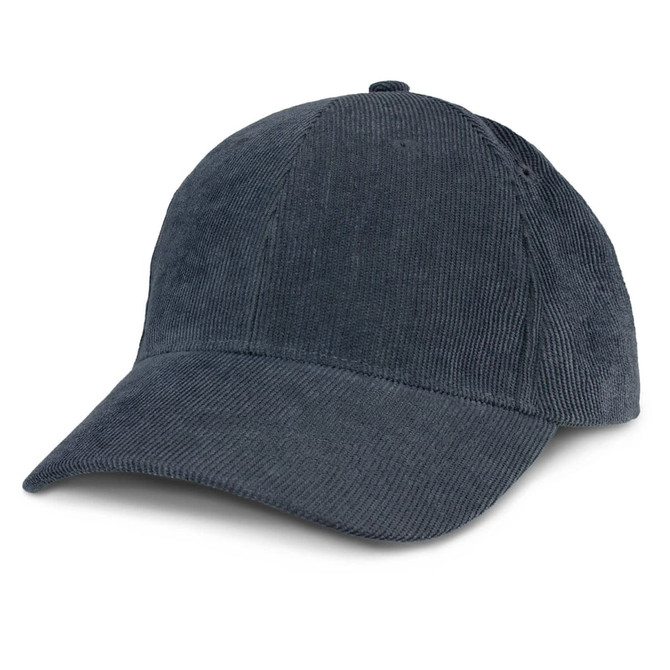 A corduroy cap in a dark grey colour, featuring a curved brim and a logo on the front.