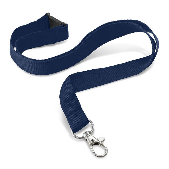 A navy blue custom printed lanyard with a metal clip and plastic buckle.