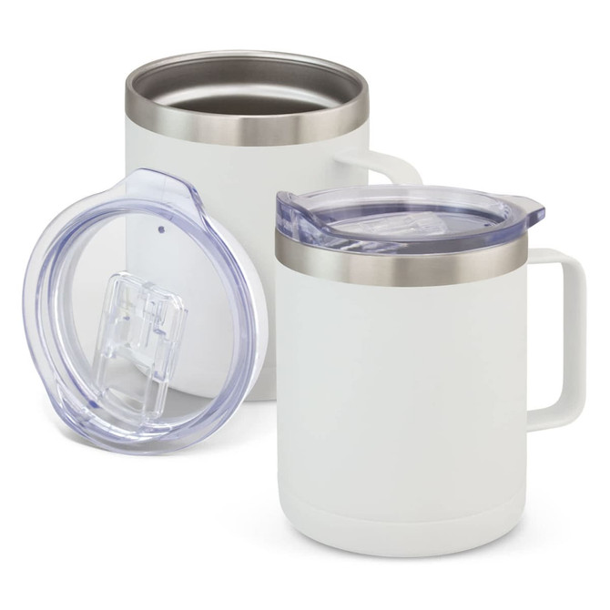 A drink bottle set featuring two white vacuum cups with stainless steel accents and one transparent lid.