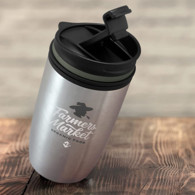 A double wall cup in silver with a black lid and green accent, featuring a logo on the side.