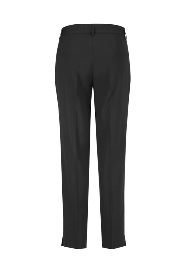 A pair of black women's slim leg pants featuring a waistband and back pockets. The fabric has a smooth finish.