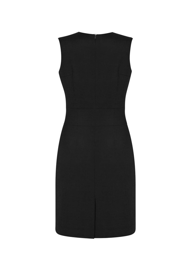 A black sleeveless V-neck dress with a fitted design and a back zip closure. It features a small vent at the bottom.