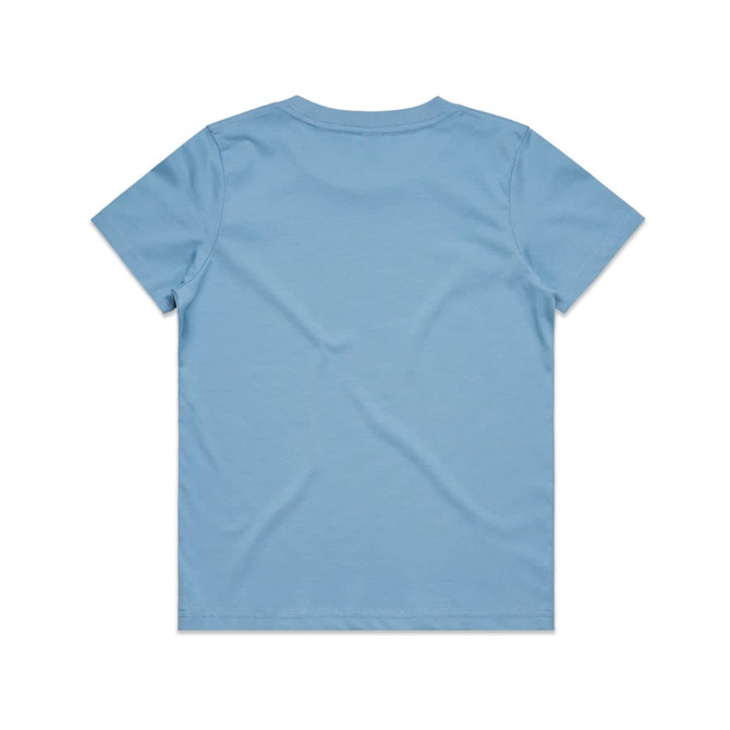 A light blue youth t-shirt with a plain back and a branding logo.