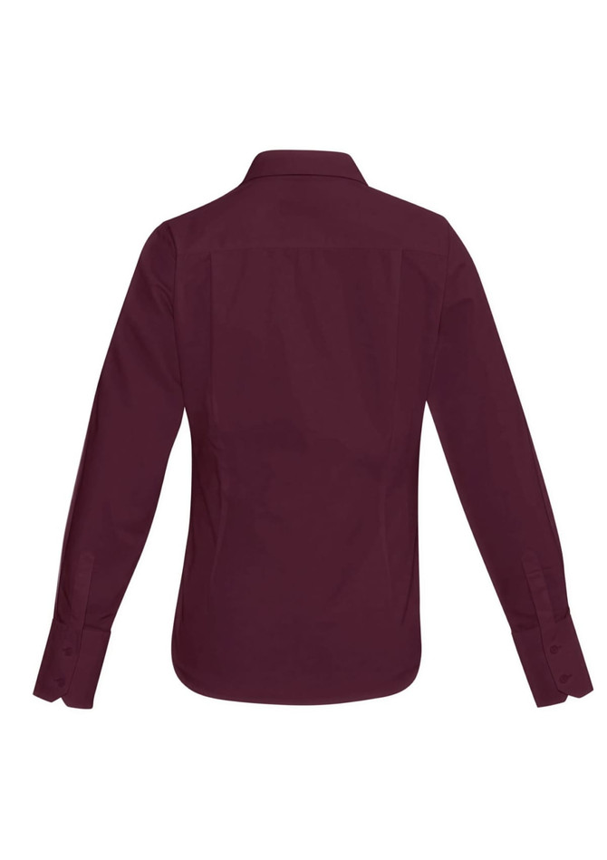 A burgundy long sleeve button-up shirt with a classic collar and a back yoke. Features logos on the fabric.