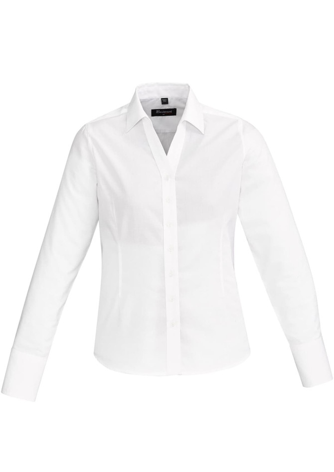 A women's long sleeve button-up shirt in white, featuring a fitted design and a collar, with a logo on the tag.