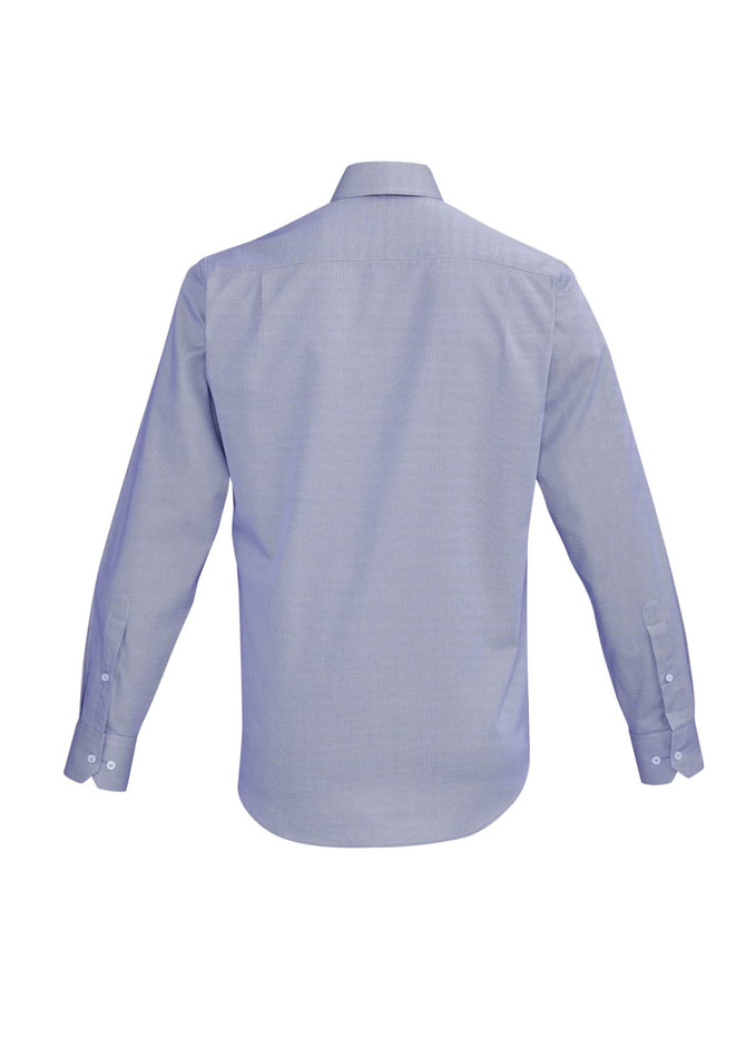 A blue long sleeve button-up shirt with a classic collar and buttoned cuffs, featuring a logo on the back.
