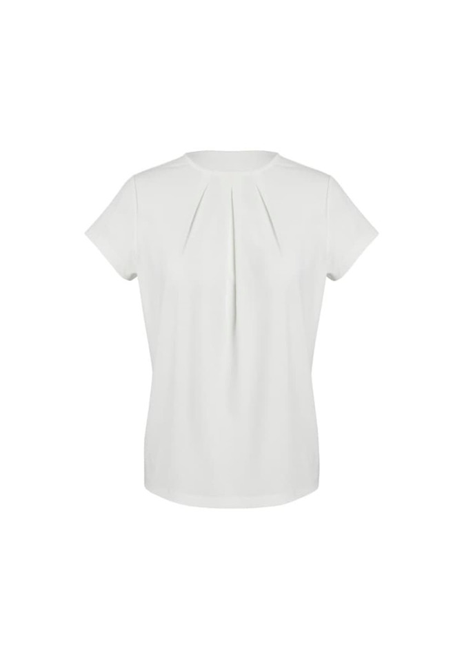 A short sleeve top in a light neutral colour with a pleated design at the front. It features a logo.