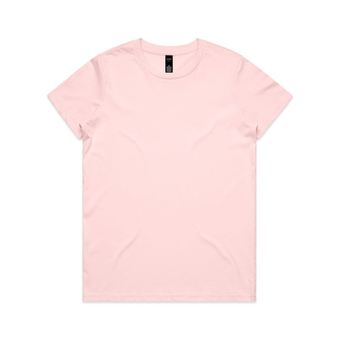 A pink t-shirt with a crew neck and short sleeves, featuring a brand logo on the label.