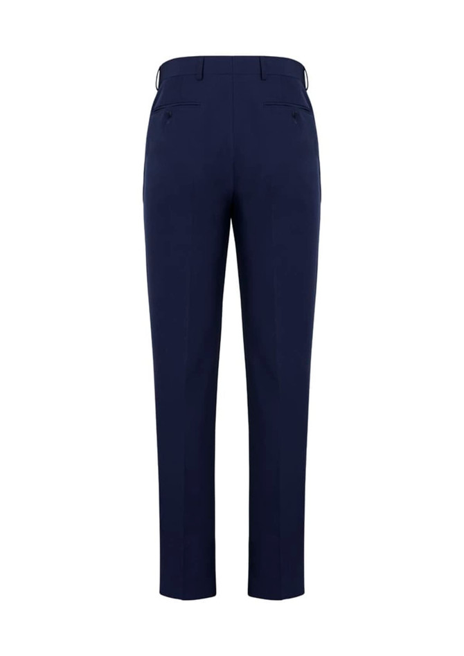 A pair of navy blue men's slim fit flat front pants with back pockets, featuring a logo on the waistband.