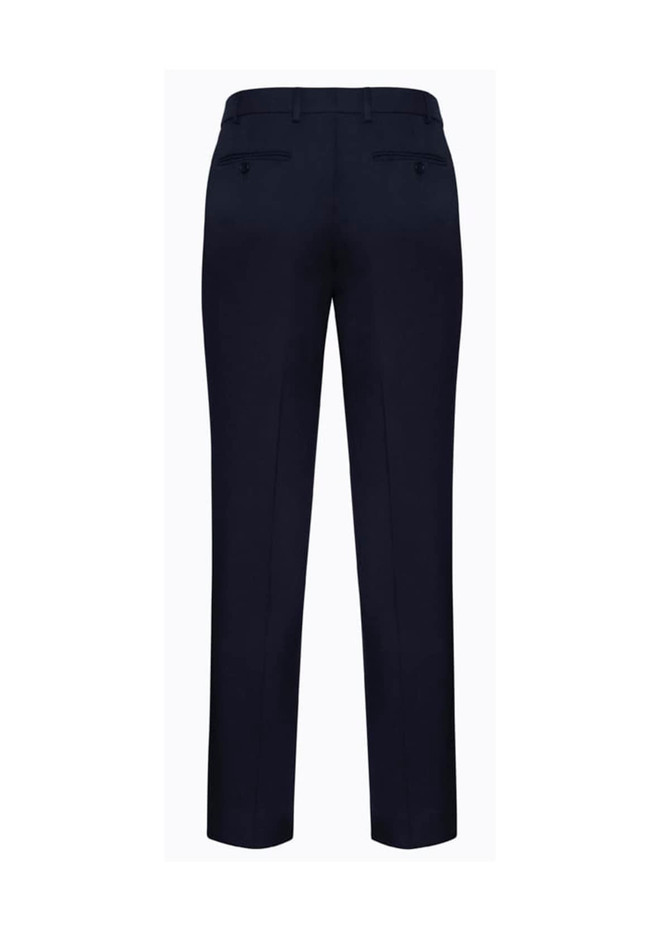 A pair of navy men's slacks with a slimline fit, featuring two back pockets. The design includes a logo.