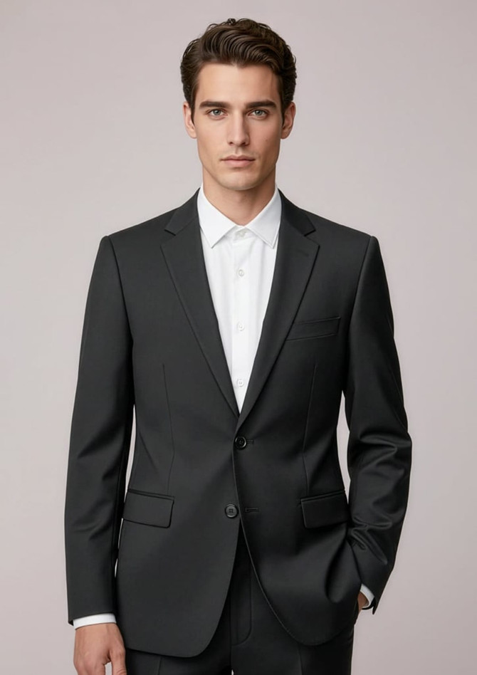 A black two-button jacket with a tailored fit, featuring a notched lapel and pockets, displayed on a model.