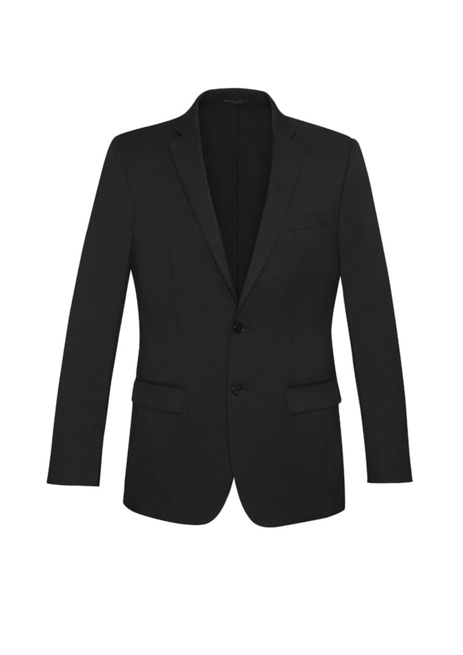 A black slimline jacket featuring a notched lapel, two front pockets, and a single-button closure.