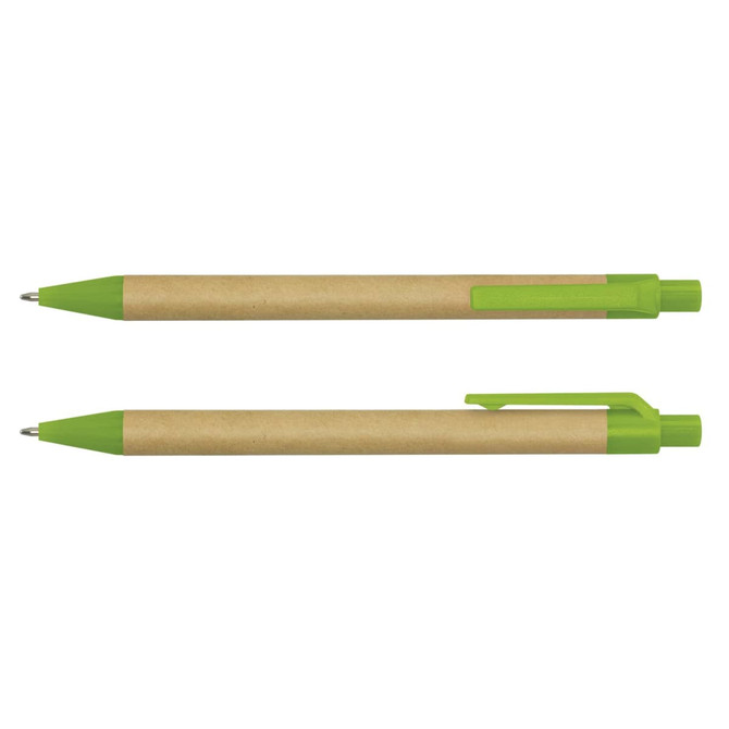 A Kraft Pen featuring a brown paper barrel and green plastic details. The pen has a logo on its surface.