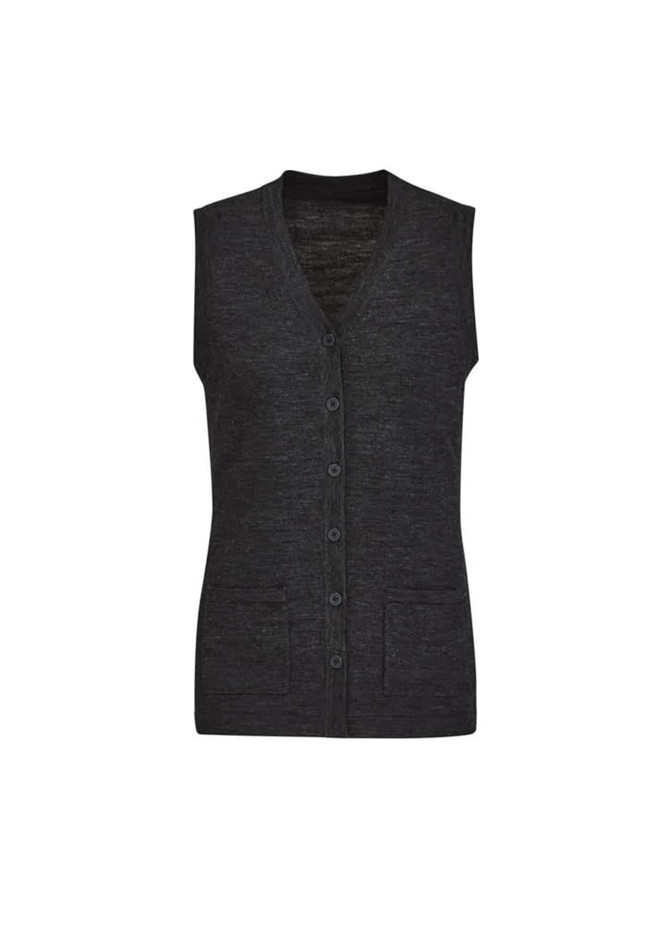 A sleeveless, button-front knit vest in dark grey, featuring two front pockets and a V-neckline.