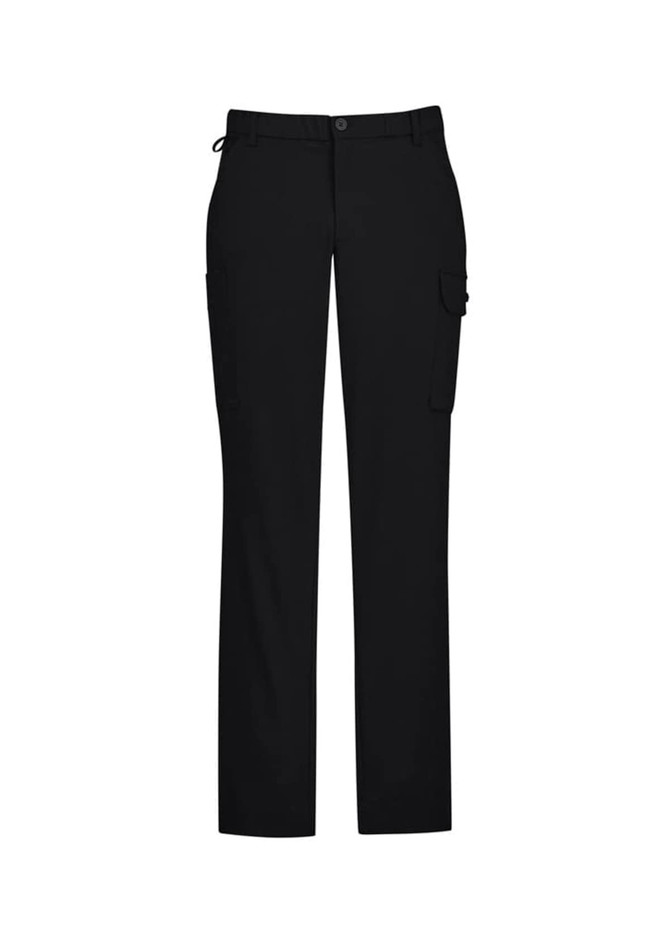 Men's cargo pants in black, featuring a comfortable waist and side pocket details. Includes logo branding on the fabric.