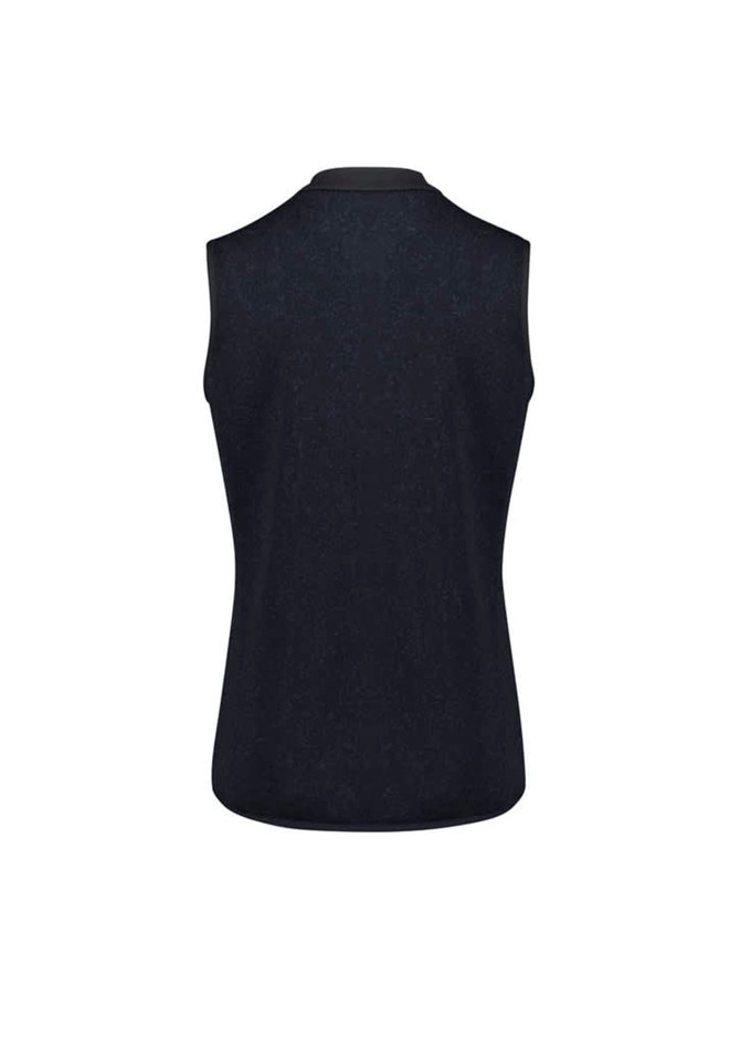 A black women's zip front vest with a sleeveless design and a collar, featuring branding on the back.