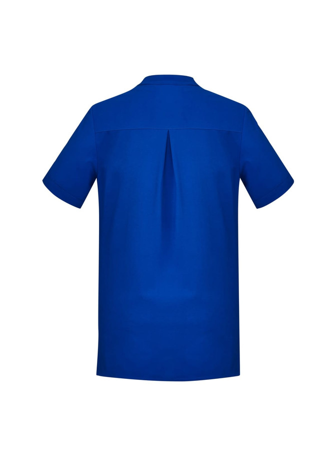 A blue women's tunic featuring a back pleat and short sleeves, with branding present.