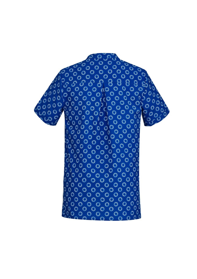 A blue tunic featuring a white daisy print, designed with short sleeves and a buttoned back. It has a logo.