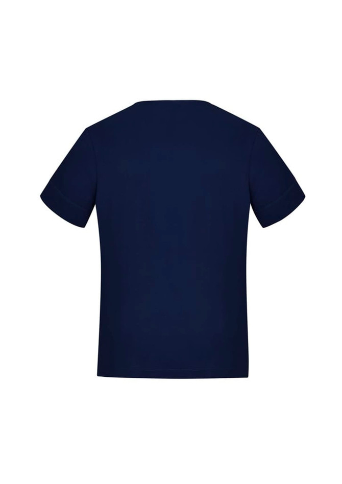 A navy blue women's short sleeve jersey top with a simple design and a logo on the back.