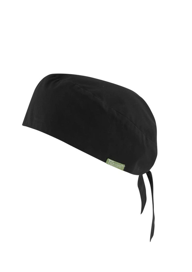 A black unisex reversible scrub cap with a tie at the back and a small logo on the side.