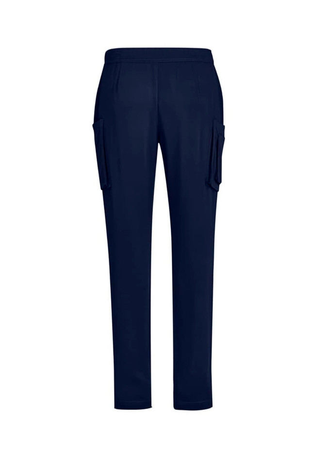 Navy blue men's straight leg scrub pants featuring cargo pockets and an elastic waistband.