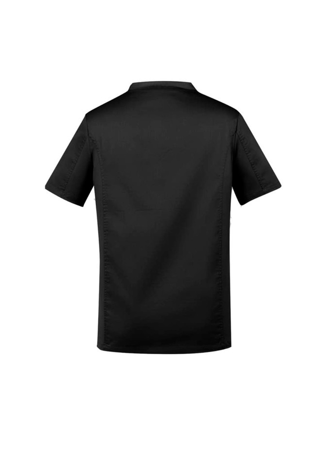 A short-sleeved men's scrub top in black, featuring a simple design and a branding logo on the back.