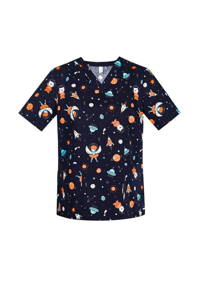 A navy scrub top featuring a playful space theme with planets, rockets, and cartoon characters. It has a logo.