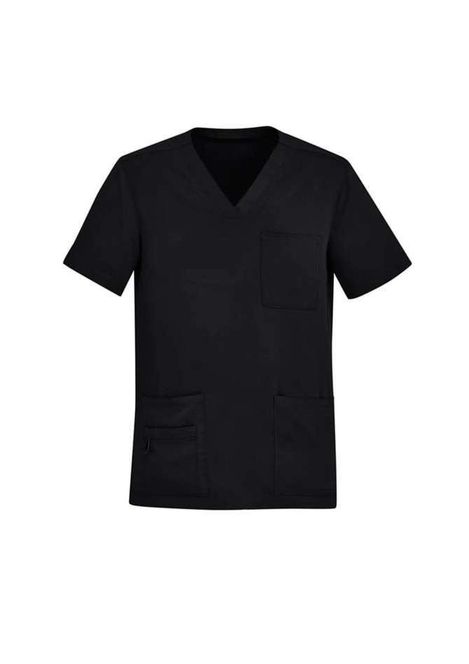 A black V-neck scrub top featuring short sleeves and multiple pockets, with a logo on the front.