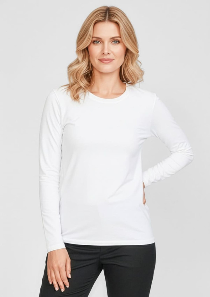 A women's long sleeve tee in white, featuring a classic fit and a logo on the front.