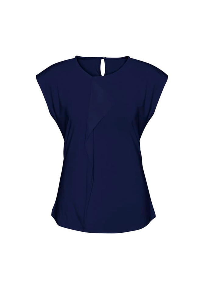 A navy women's top with a unique design and a keyhole detail at the back. It has a subtle branding logo.