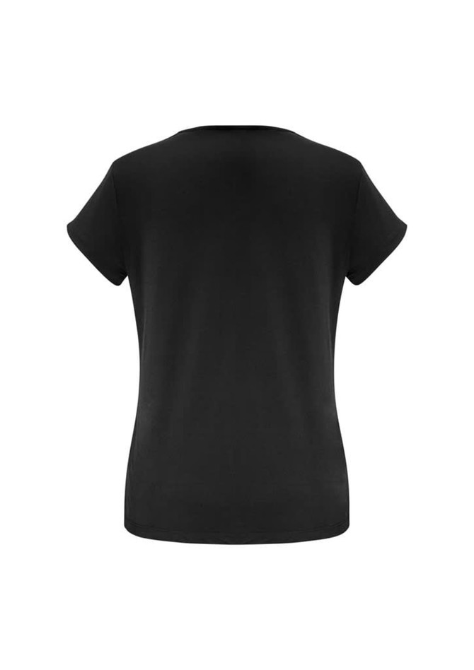 A black women's short sleeve top with a classic round neckline and a fitted silhouette. Includes a branding logo.