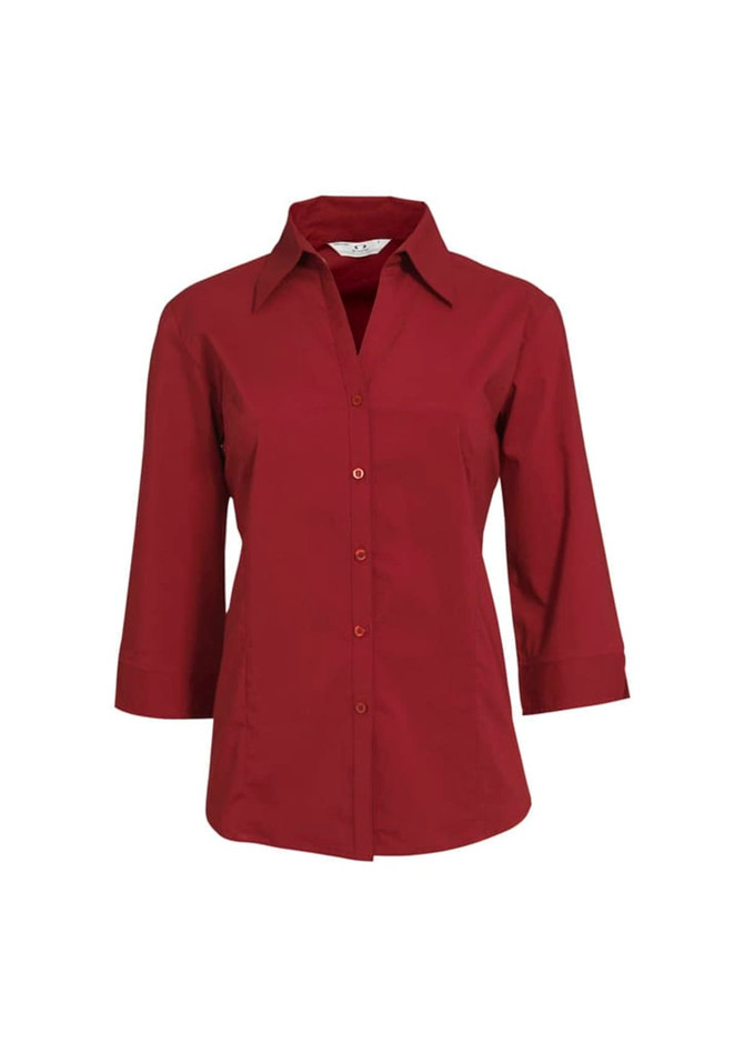 A red women's button-up shirt with 3/4 sleeves and a classic collar design. Features a logo on the label.