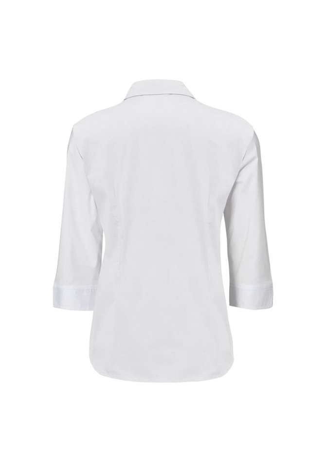 A white women's button-up shirt featuring a 3/4 sleeve and a collared design, with a logo on the label.
