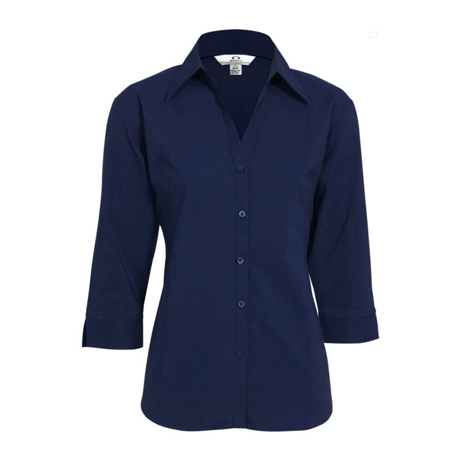 A women's button-up shirt in navy blue with 3/4 sleeves and a collar, featuring a logo on the label.