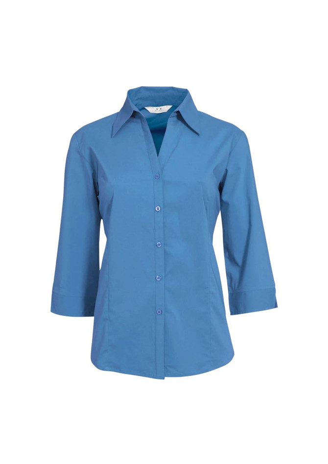 A women's button-up shirt in a vibrant blue with 3/4 sleeves and a collar. The shirt features a branding logo.