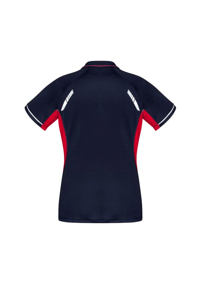 A navy and red women's polo shirt featuring a sporty design and logo on the back.