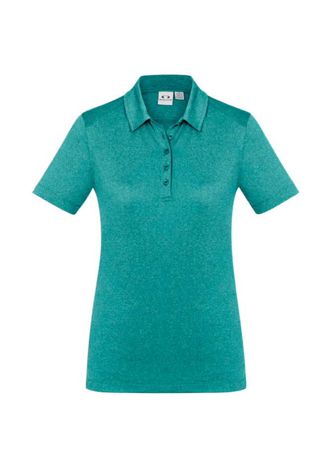 A teal women's short sleeve polo shirt with a collar, featuring a logo on the chest.