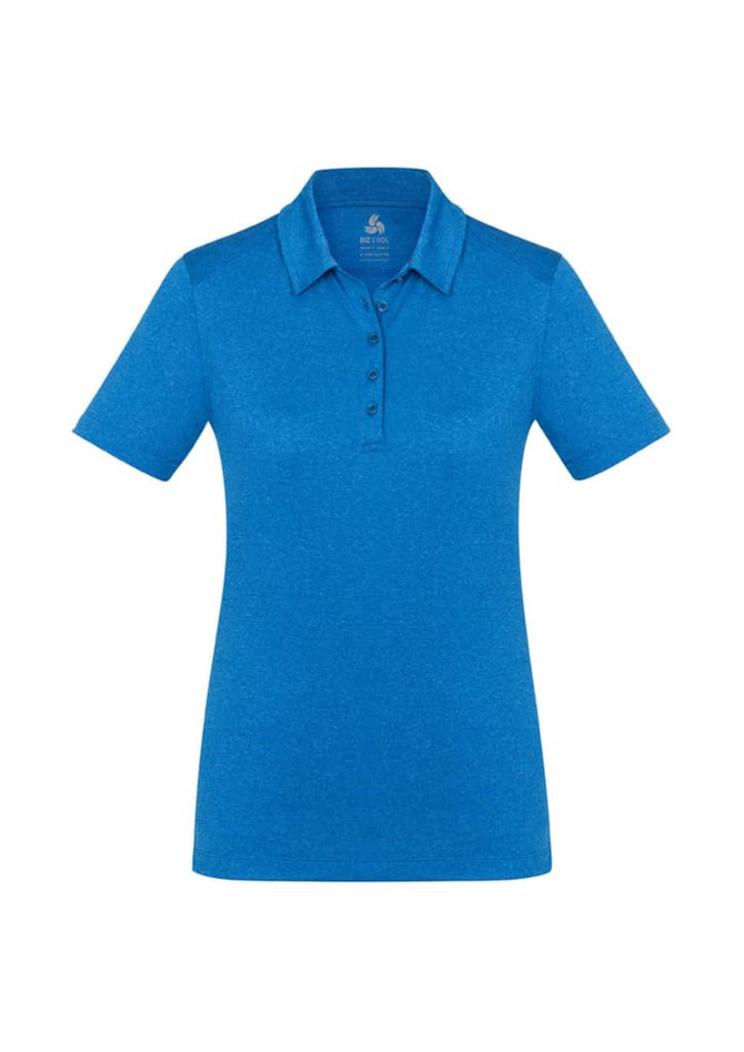 A bright blue women's short sleeve polo shirt featuring a collar and button placket, with a logo on the chest.