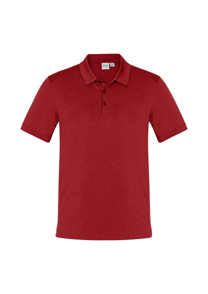 A red men's short sleeve polo shirt featuring a collar and three buttons, with a logo on the chest.