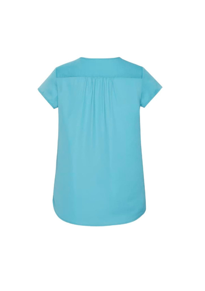 A light blue women's blouse with a V-neck and pleat detailing at the back.
