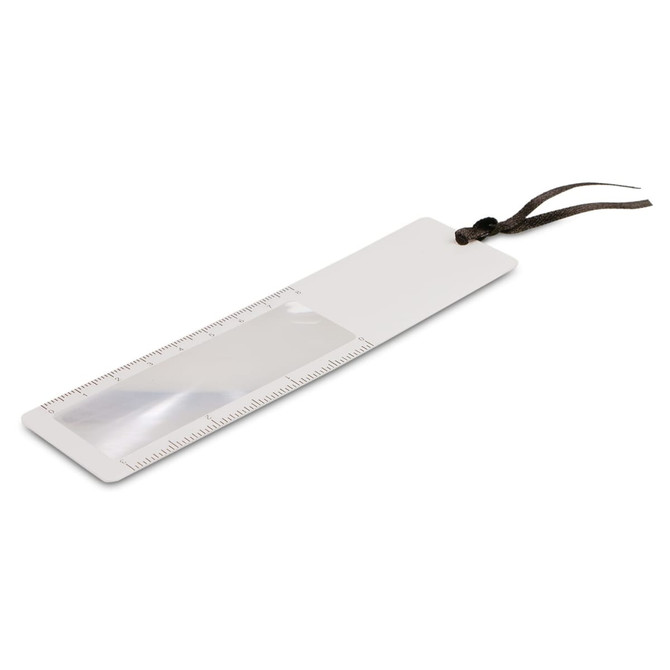 A bookmark magnifier in white with a transparent lens and a brown ribbon attachment. It features a ruler along one edge.