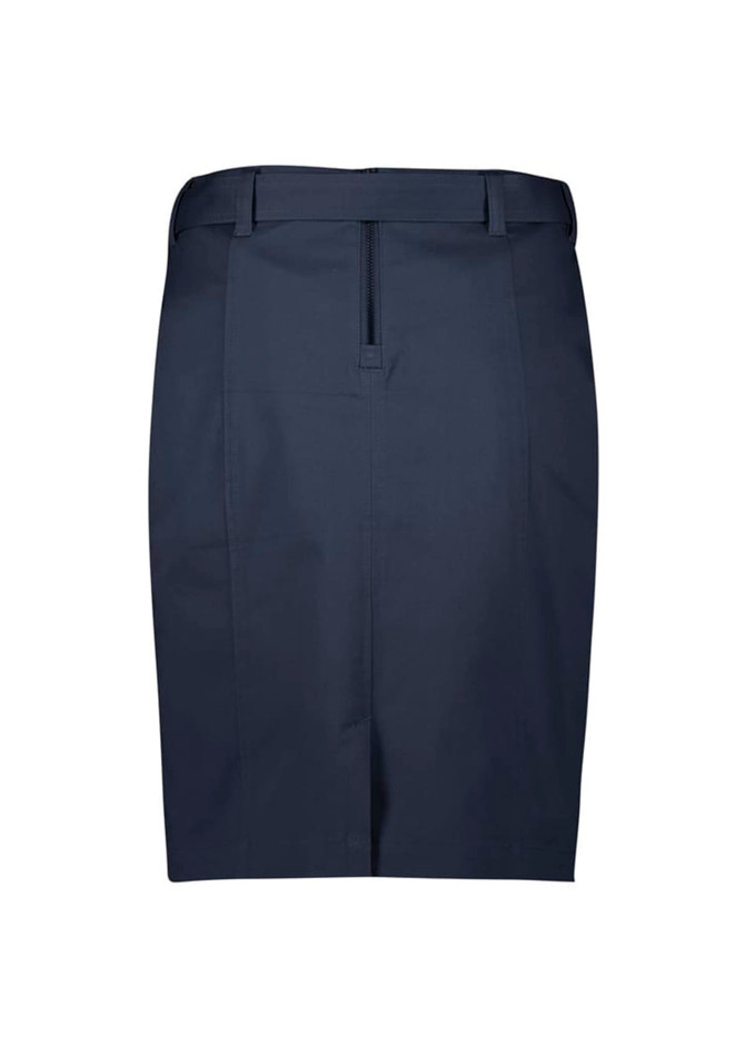 A navy mid-waist stretch chino skirt with a front zipper and a flat waistband.