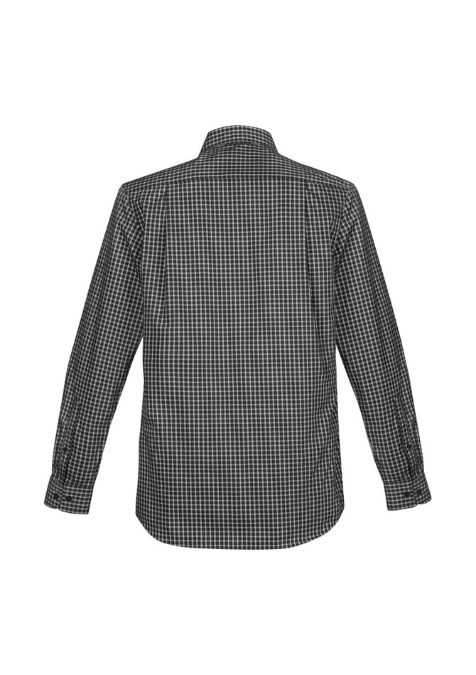 A long sleeve button-up shirt in a black and white check pattern, featuring a collar and logo.