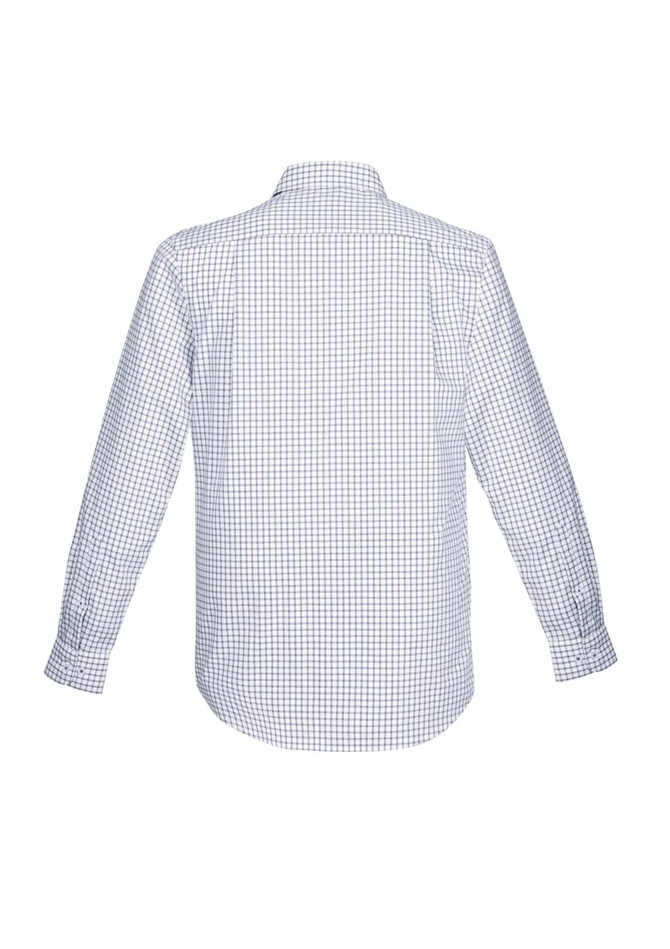 A long-sleeve button-up shirt in a blue and white check pattern, featuring a collar and a logo.