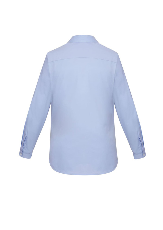 A light blue women's long sleeve button-up shirt with a collar and a back yoke. The shirt has a logo on it.