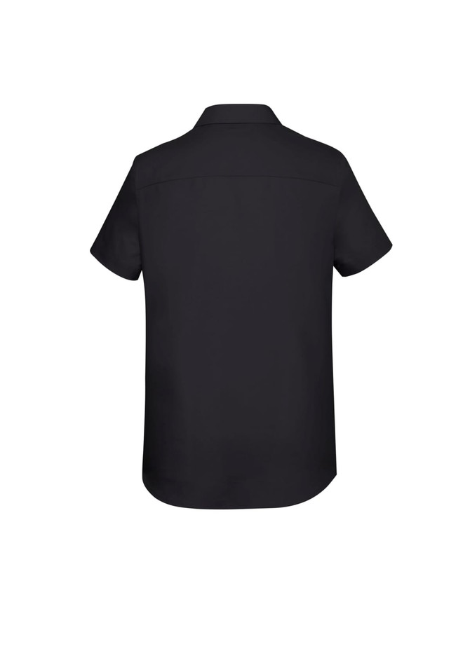 A black women's Charlie short sleeve button-up shirt featuring a simple back design and a collar.